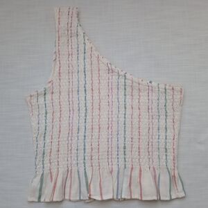 American Eagle Women's Striped One-Shoulder Top Colorful Smocked Ruffles Size L